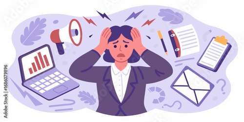 Stressed businesswoman overwhelmed by workload and deadlines with a laptop and megaphone