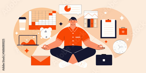 Man in lotus position meditating surrounded by office and business elements symbolizing work life balance