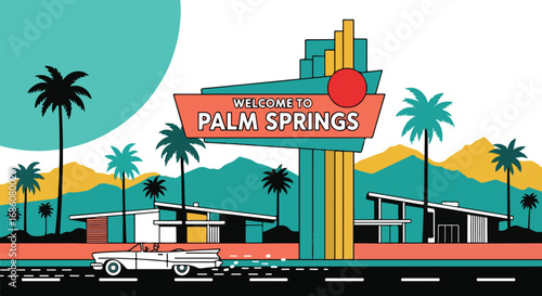 Vintage Palm Springs Illustration with Retro Style and Iconic Welcome Sign Depicting Desert Oasis and Modernist Architecture