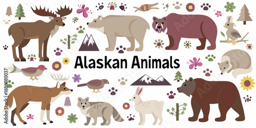 Collection of alaskan wildlife animals including bears moose fox rabbit birds and arctic fox