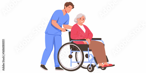 Caring male nurse pushing elderly woman in a wheelchair with a smile