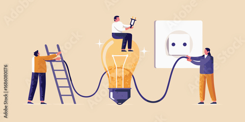 Teamwork and collaboration to generate and connect a bright idea with electricity and innovation