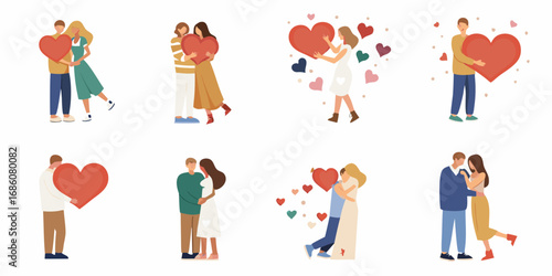 Diverse couples embracing and holding large red hearts celebrating love and relationships