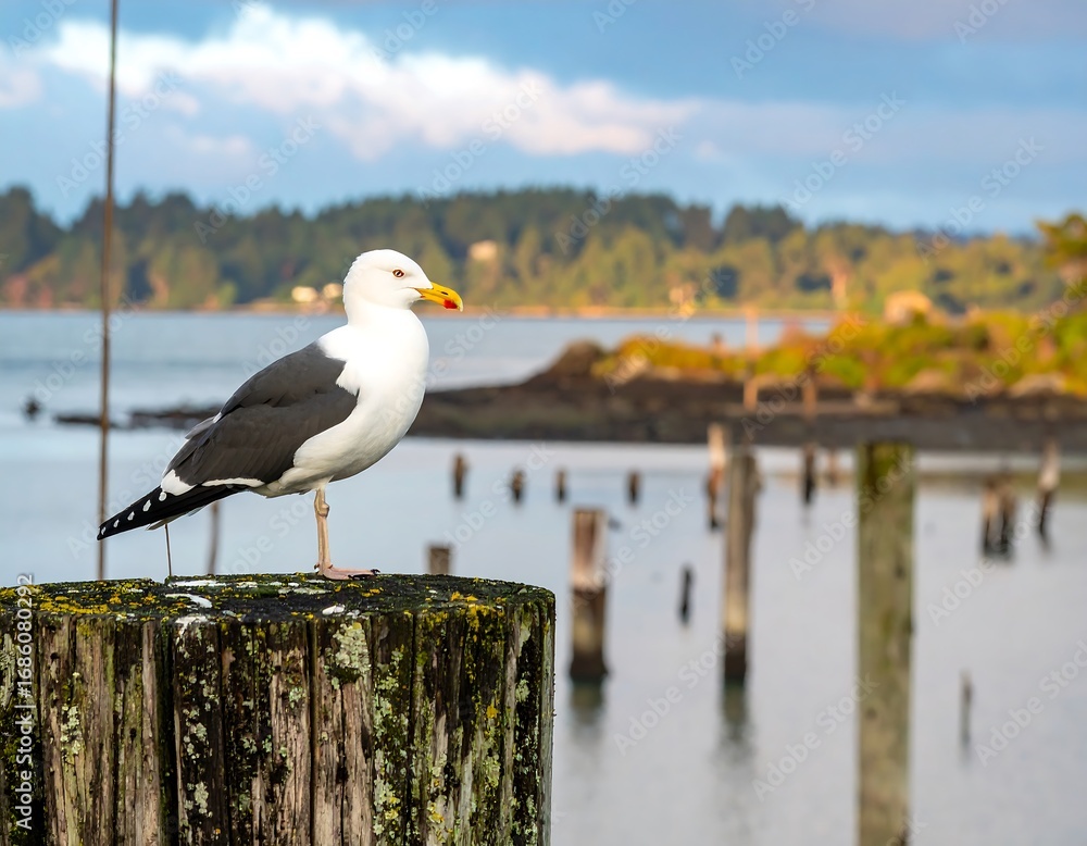 Obraz premium Seagull perched on a weathered pier post overlooking a tranquil harbor