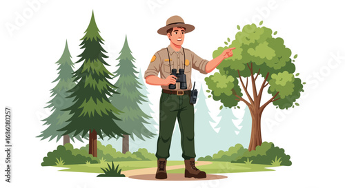 Nature guide in a lush forest explaining tree species with binoculars and a ranger hat amidst tall pine trees and vibrant greenery