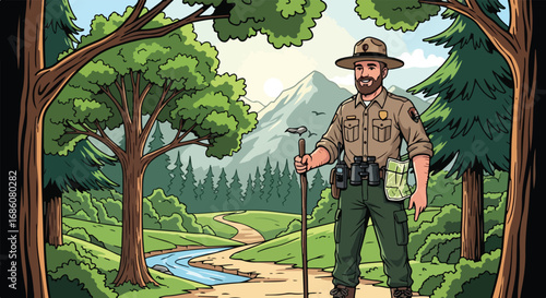 illustration of a cheerful male park ranger with a wide-brimmed hat and binoculars smiling in a lush forest scene with mountains and a river in the