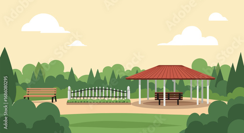 Serene park scene with a gazebo, benches, and lush greenery in a tranquil outdoor setting
