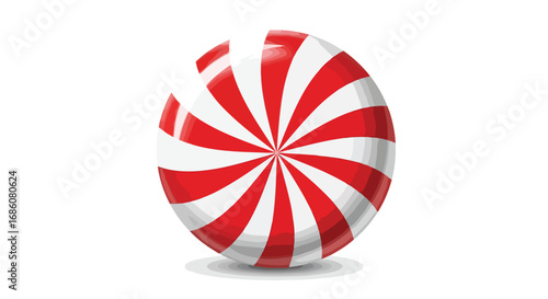 Vivid red and white striped peppermint swirl candy with a glossy surface and playful twisted design isolated on a white background creating a