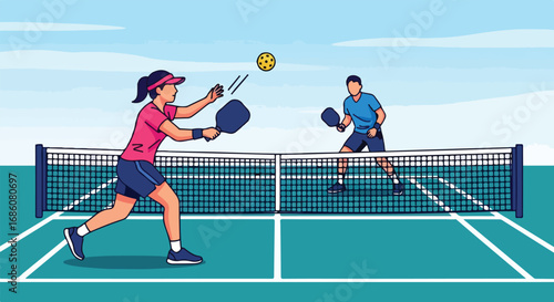 Animated illustration of a friendly doubles pickleball match with two players on an outdoor court under a bright blue sky showcasing dynamic