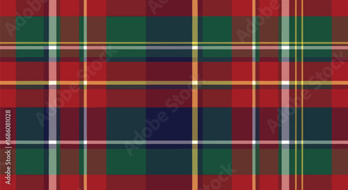 Vivid holiday tartan pattern featuring traditional red green navy yellow and white intersecting stripes for festive apparel and decorative textiles