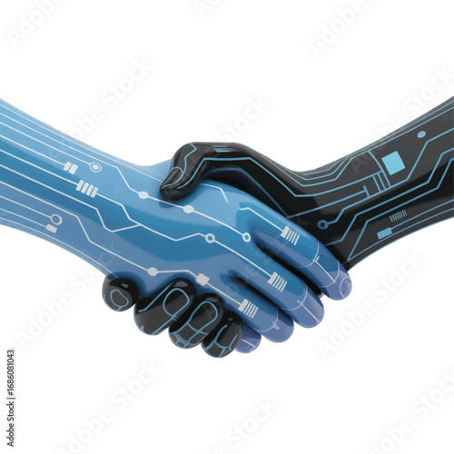 A 3D handshake with data circuit patterns, isolated on white background.