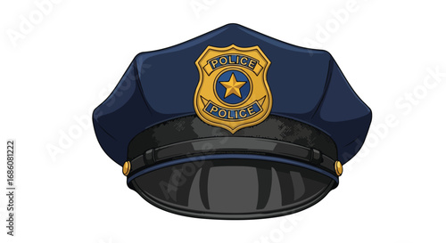 Illustration of a detailed police officer's peaked cap featuring a gold badge with star emblem and police inscription crafted with realistic shading