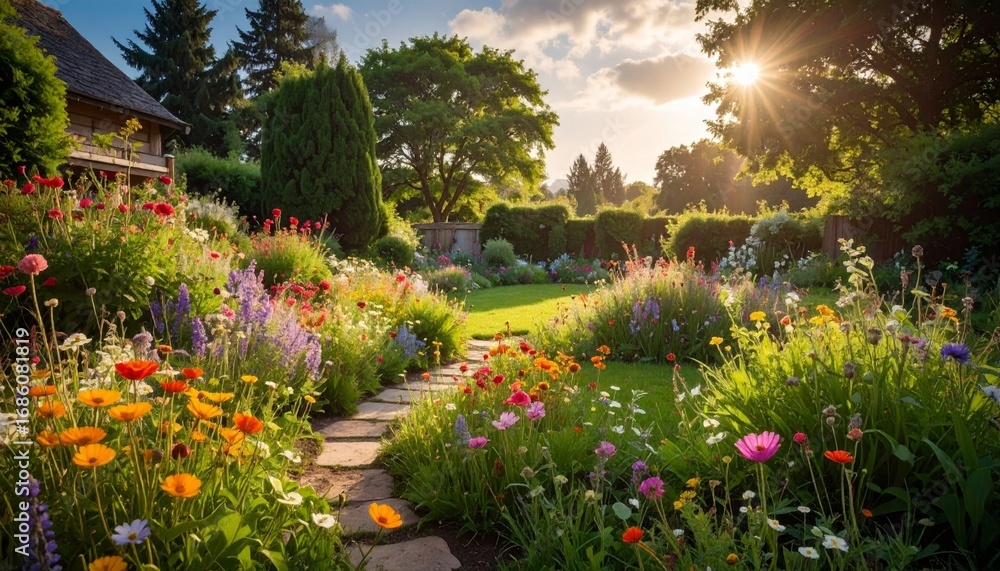 Obraz premium Vibrant Flower Garden Pathway During Golden Hour Sunshine
