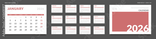Set of 2026 Calendar Planner Template Pages Monthly, Cover with Place for Photo and Company Logo. Vector layout of a wall or desk organizer grid with week start Monday ready print. Pages A4-21x29.7cm