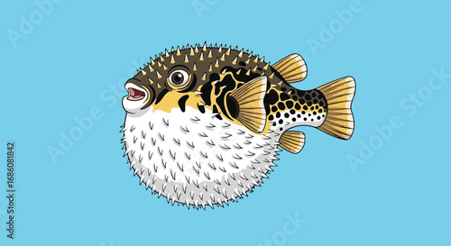 Whimsical Pufferfish Illustration with Spiky Texture and Cartoon Style on Bright Blue Background for Creative Design Projects