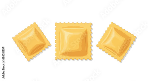 Close-up of three uncooked square-shaped ravioli with wavy edges and smooth surface isolated on white background