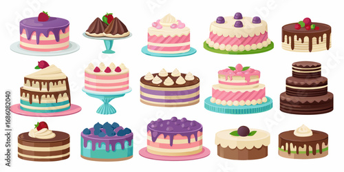 Collection of delicious and colorful cakes with various toppings and frostings