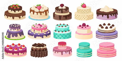 Collection of colorful and delicious multi tiered cakes with various decorations and toppings