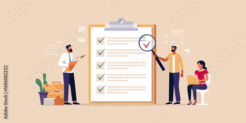 Business team reviewing a completed checklist on a clipboard with a magnifying glass