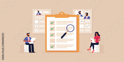 Business professionals reviewing resumes and checking qualifications on a large checklist with a magnifying glass