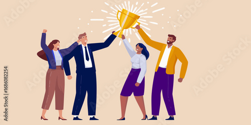 Diverse team of four celebrating a victory holding a golden trophy aloft with excitement