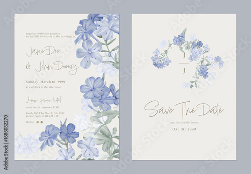 Wedding invitation and save the date template set with a minimalist design and clusters of watercolor illustrations of Cape leadwort flowers and grayish-green leaves on a light brown background