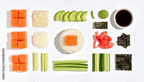 Fresh salmon avocado rice nori ginger wasabi and soy sauce arranged for delicious sushi making