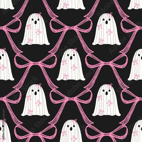 Wallpaper Mural Cute Halloween ghost. Coquette Halloween ghost seamless pattern. Halloween theme of cute pink ribbon ghost cartoon. Girly spooky Halloween background in doodle style. Torontodigital.ca