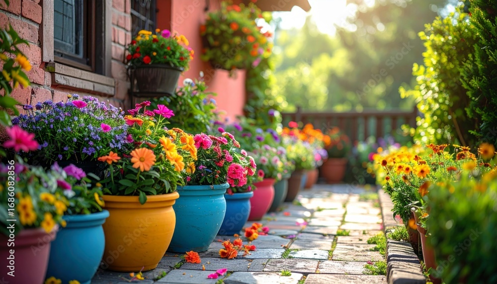 Naklejka premium Colorful Flower Pots Lining a Charming Garden Pathway in Sunlight