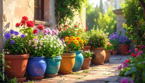 Colorful Flower Pots in a Sunlit Garden Pathway with Blooms