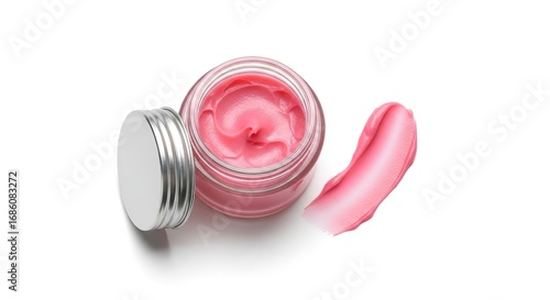 Pink Balm in Glass Jar with Silver Lid and Swatch on White Backg