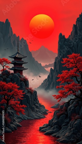 Serene Oriental Landscape with Pagodas, Bridge, and Majestic Mountains Under Red Sun