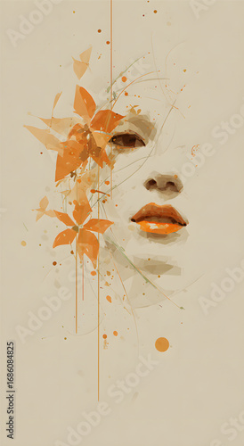 Abstract artistic portrait of a womans face with orange flowers.