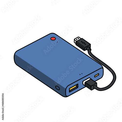 A blue power bank with a black cable plugged in