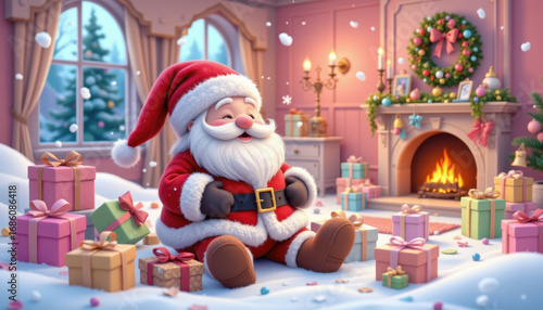 Cheerful Santa Claus in cozy room filled with colorful gifts, snowflakes falling gently, and warm fireplace glowing. festive atmosphere radiates joy and holiday spirit