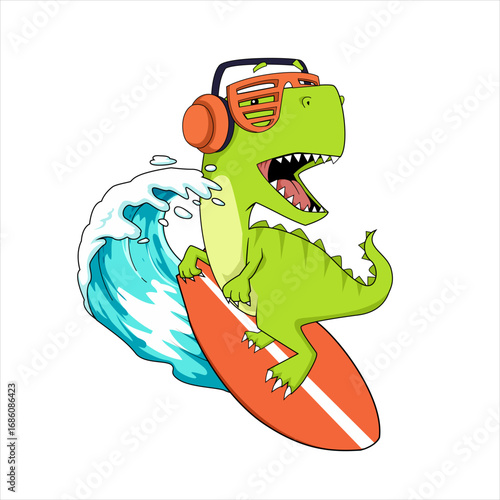 Cool rex Surfing Ocean Waves Mascot Cartoon