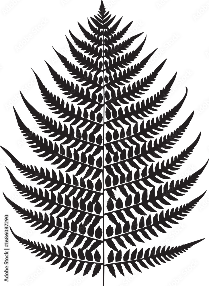 Naklejka premium Fern Leaf Silhouette: A striking, intricate silhouette of a fern leaf, showcasing its delicate fronds and symmetrical structure, perfect for evoking feelings of nature and serenity.