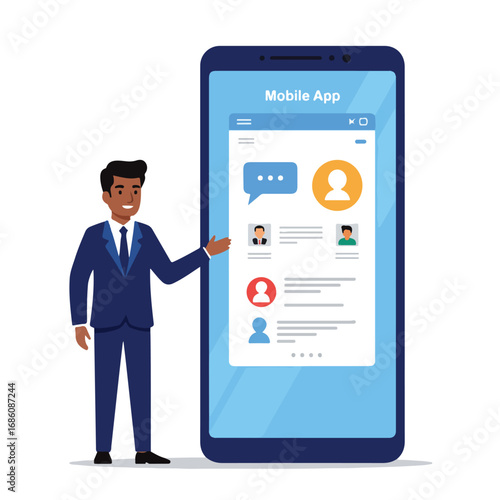 A man in a suit stands next to a large mobile phone pointing at the screen displaying a mobile app interface