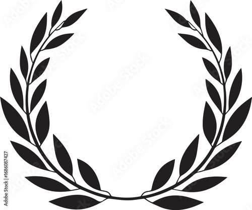 Laurel Wreath Icon: A refined monochrome silhouette of a laurel wreath, a symbol of victory, honor, and classical achievement, beautifully crafted with intricate details.