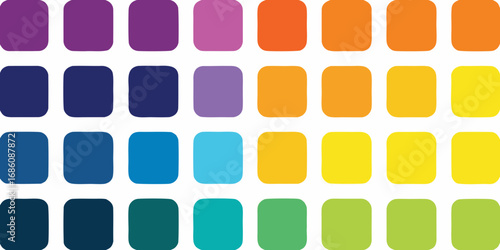 A vibrant collection of rounded squares in a rainbow of colors arranged in rows