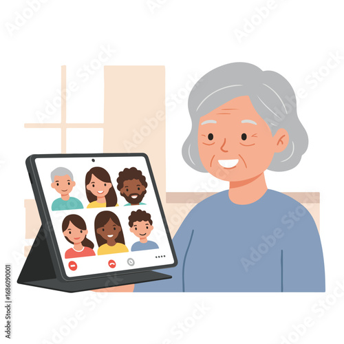 An elderly person holds a tablet showing a video call with six diverse faces