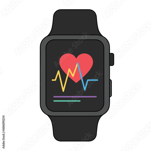 Black smartwatch displaying a red heart and a graph of colored lines