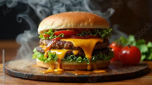 Hot Double Cheeseburger with Melted Cheese and Fresh Vegetables