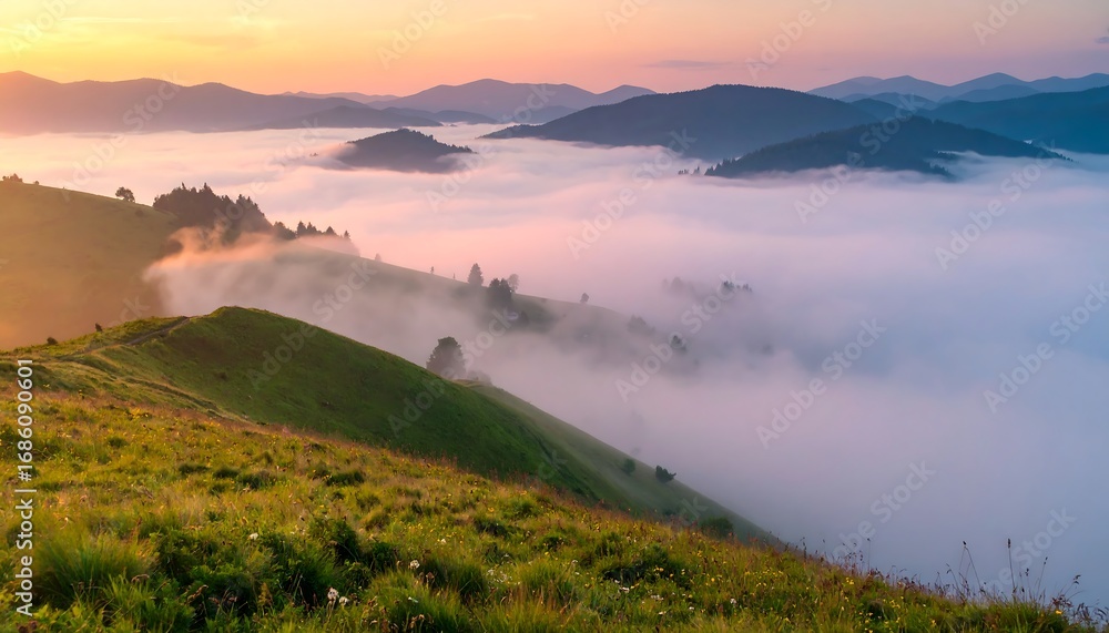 Obraz premium Misty mountain landscape at sunrise