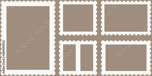 Collection of blank postage stamps with perforated edges on a neutral background