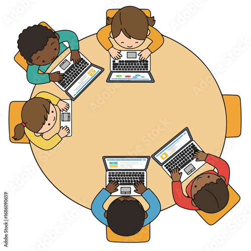 Five children seated around a round table each using a laptop The children are of different ethnicities and genders