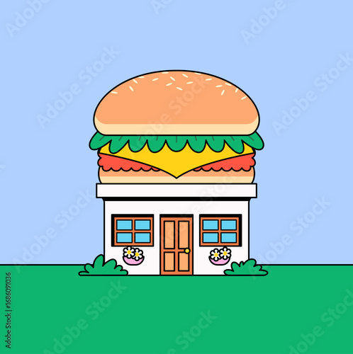 Vector illustration of a cute cartoon house designed like a hamburger with bun, cheese, lettuce, and tomato. Fun and creative concept for fast food restaurant, burger shop, or food delivery branding.