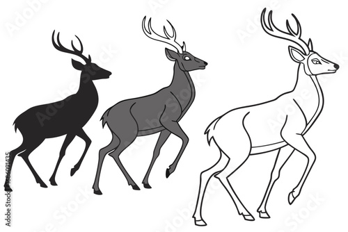 Three deer silhouettes and outlines stag animal