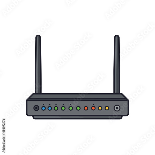 Illustration of a gray wireless router with two antennas and various status indicator lights