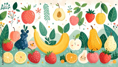 Colorful fruit and flowers illustration